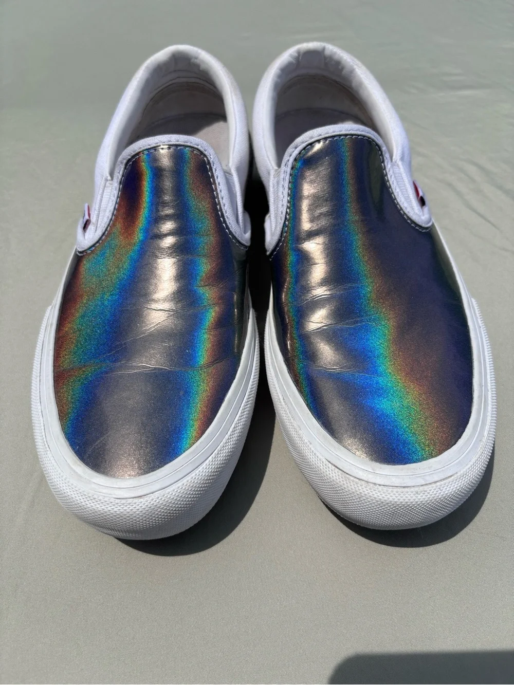 Vans Classic Slip-On Silver/True White Iridescent Shoes Mens Sz 7.5 Holographic